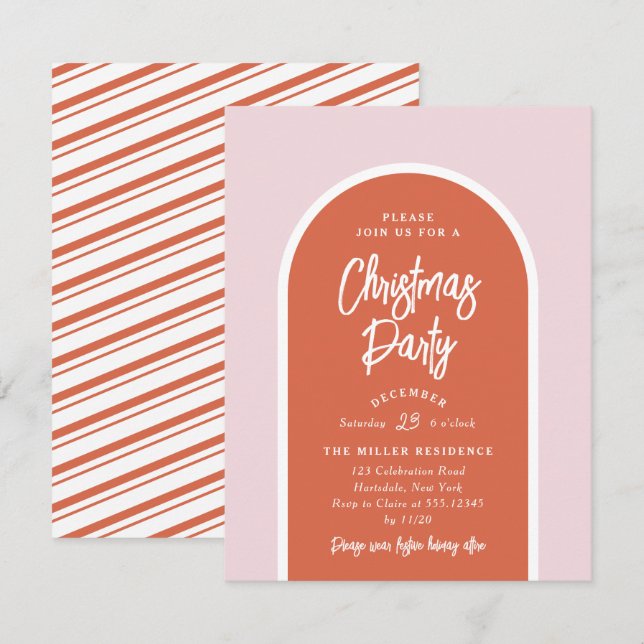 Jul Party Modern Arch i Rosa och Röd Inbjudningar (Fram/baksida)
