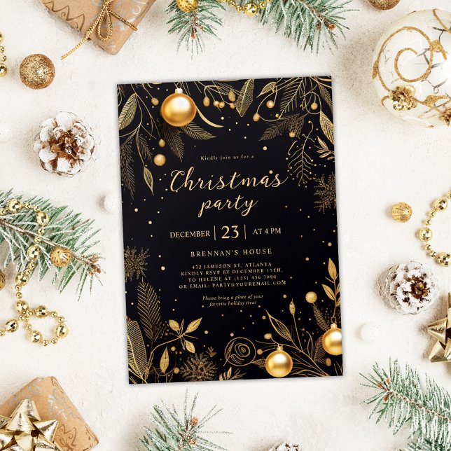 Jul Party Modern Elegant Guld Helgdag Inbjudningar (Christmas Party Modern Elegant Gold Holiday Invitation)