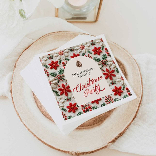 Jul Party Red Blommigt Papper Pappersservett (Christmas Party Red Floral Napkins)