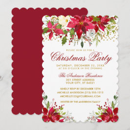 Jul Party Red Blommigt Poinsettia Guld Glitter Inbjudningar