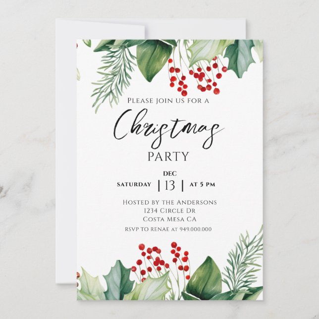 Jul Party Red Greenery Inbjudningar (Framsida)