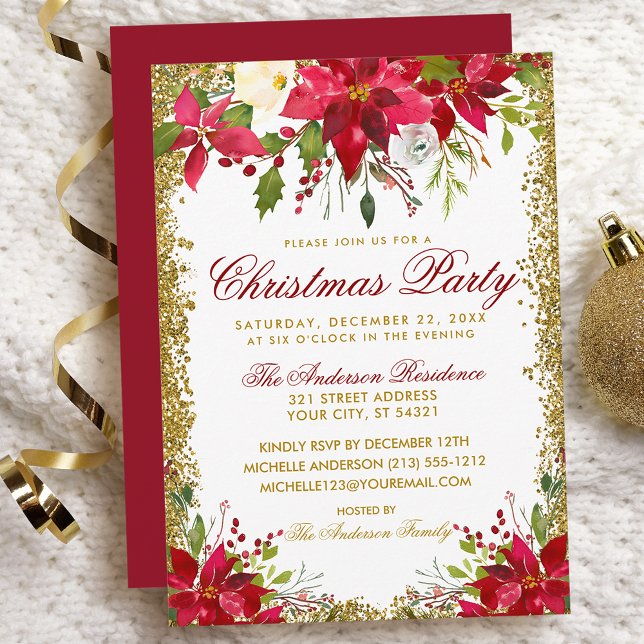 Jul Party Red Poinsettia Blommigt Guld Glitter Inbjudningar (Customize to change text color, size, style or to change color of back of card.)
