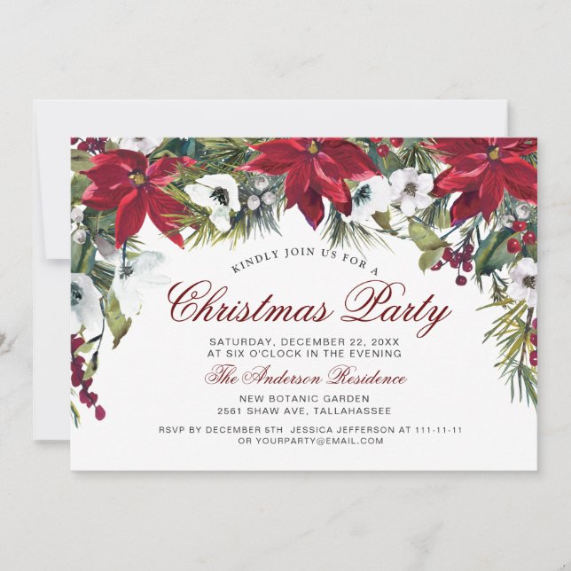 Jul Party Red Poinsettia Blommigt Watercolor Inbjudningar (Framsida)