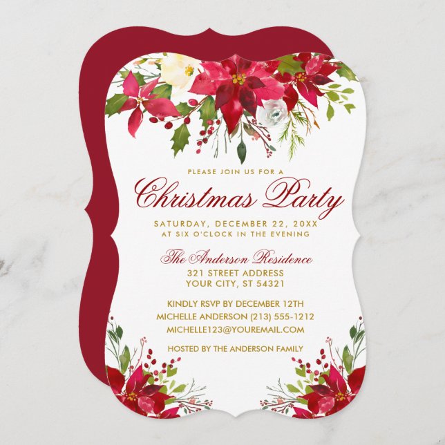 Jul Party Red Watercolor Blommigt Poinsettia Inbjudningar (Fram/baksida)