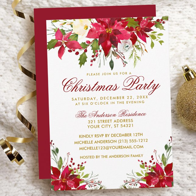 Jul Party Red Watercolor Blommigt Poinsettia R Inbjudningar (Customize to change text color, size, style or to change color of back of card.)