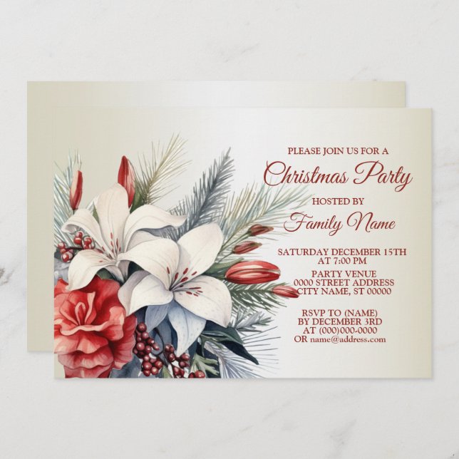 Jul Party Red White Flowers Helgdagar Elegant Inbjudningar (Fram/baksida)