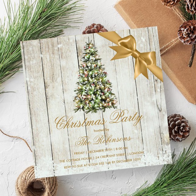 Jul Party | Ribbon Rustic Träd & Guld Inbjudningar (Christmas Party | Rustic Tree & Gold Ribbon Invitation)