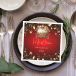 Jul-party röd guld-bauble-middag pappersservett<br><div class="desc">En röd bakgrund,  vit text. Dekorerad med en gyllene bauble och guld-stjärnor. Text: God jul. Anpassa och lägg till din familj namn och år.</div>