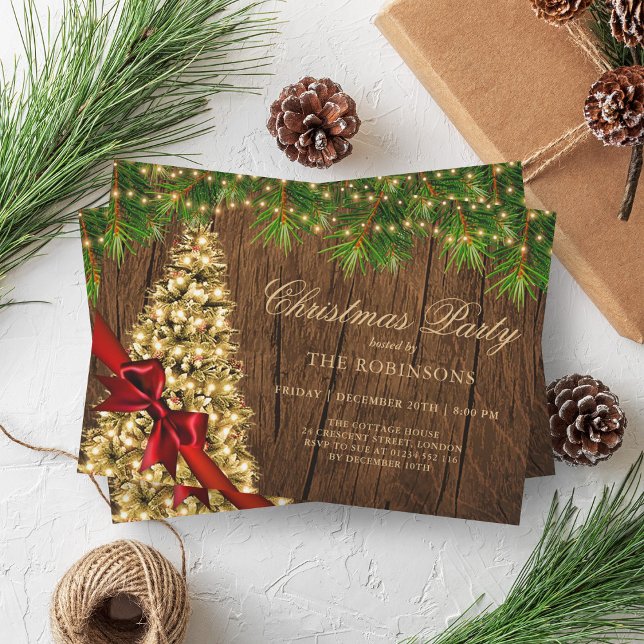 Jul Party | Rustic Guld Träd & Red Ribbon Inbjudningar (Christmas Party | Rustic Gold Tree & Red Ribbon Invitation)