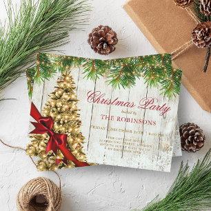 Jul Party Rustic Guld Träd & Red Ribbon Inbjudningar