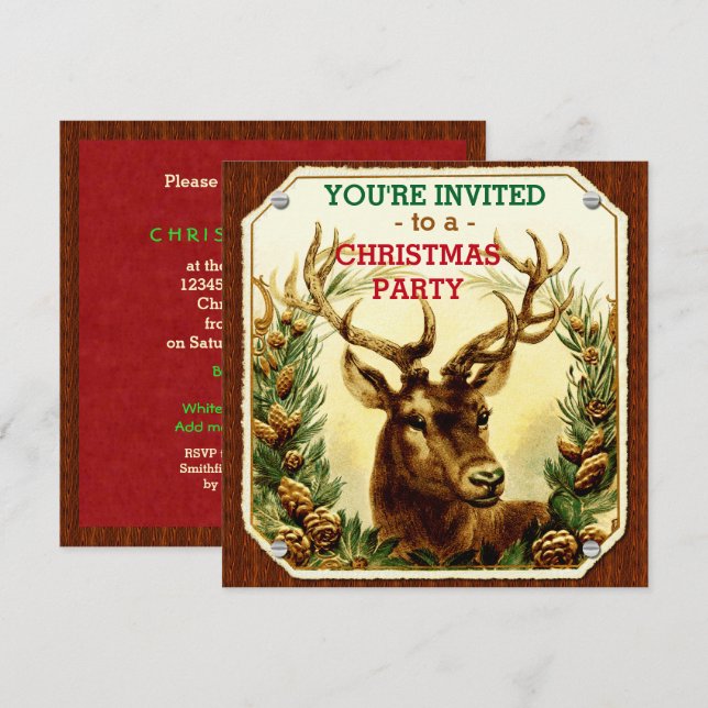 Jul Party Rustic Reindeer Wood Grain Inbjudningar (Fram/baksida)