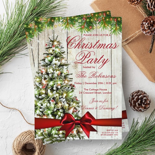 Jul Party | Rustic Träd, Ljus & Red Ribbon Inbjudningar (Christmas Party | Rustic Tree, Lights & Red Ribbon Invitation)