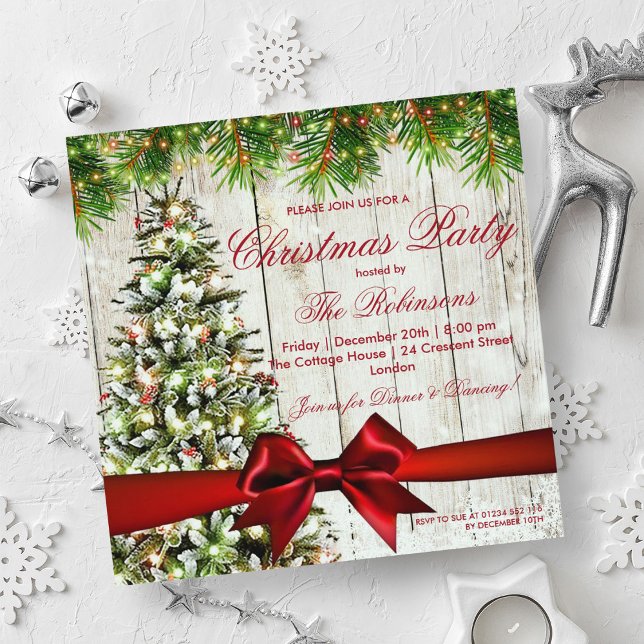 Jul Party | Rustic Träd, Ljus & Red Ribbon Inbjudningar (Christmas Party | Rustic Tree, Lights & Red Ribbon Invitation)