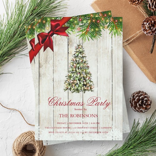 Jul Party | Rustic Träd & Red Ribbon Inbjudningar (Christmas Party | Rustic Tree & Red Ribbon Invitation)