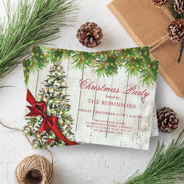 Jul Party | Rustic Träd & Red Ribbon Inbjudningar (Christmas Party | Rustic Tree & Red Ribbon Invitation)