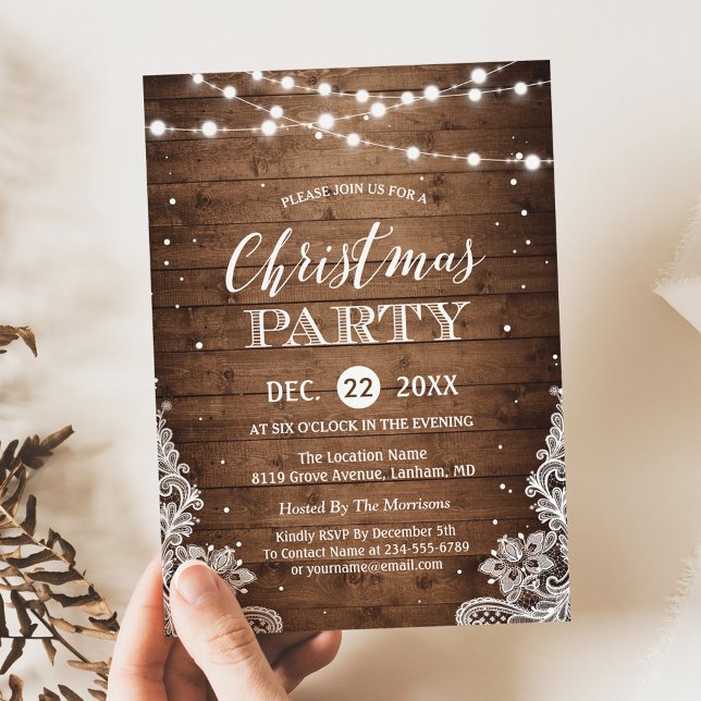 Jul Party | Rustic Wood Twinkle Ljus Snöre Inbjudningar (Skapare uppladdad)