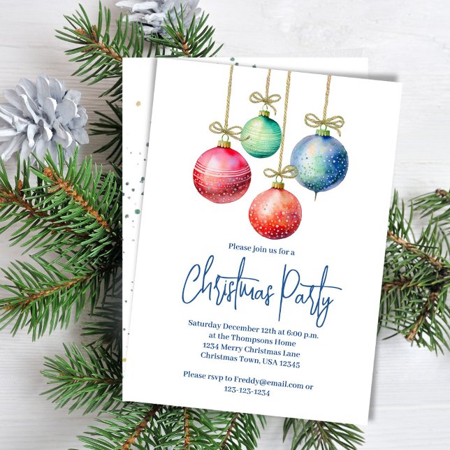 Jul Party Simple Watercolor Ornaments Inbjudningar (Christmas party invitation with colorful ornaments. )