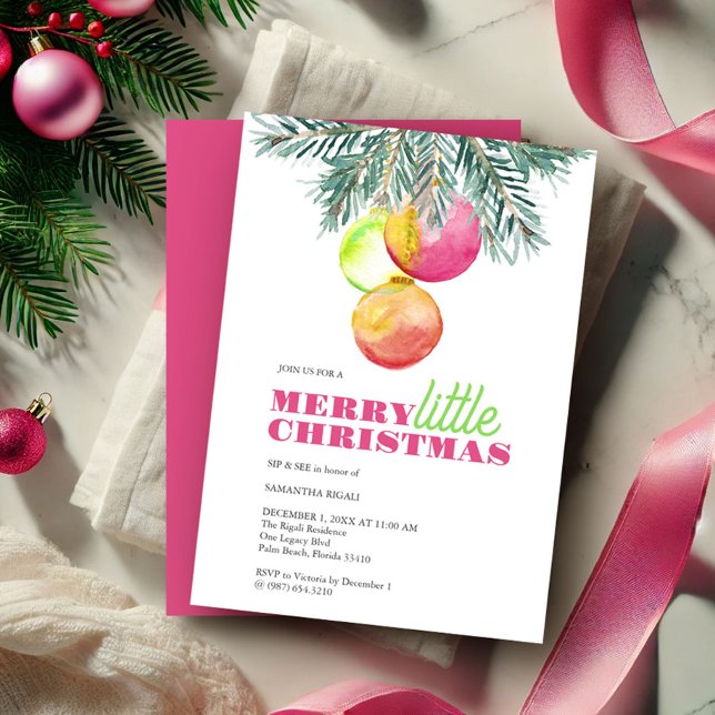 Jul Party Sip och se inbjudan (Sip & see winter baby shower girl invitation watercolor pink bauble & pine bows Victoria Grigaliunas)
