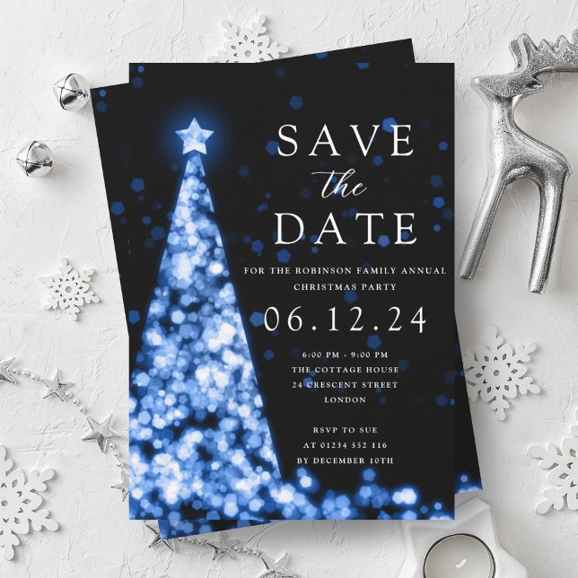 Jul Party Spara datum Blått Träd Glam Inbjudningar (Christmas Party Save The Date Blue Tree Glam Invitation)