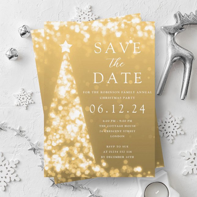 Jul Party spara datumet Guld Träd Glam Inbjudningar (Christmas Party Save The Date Gold Tree Glam Invitation)