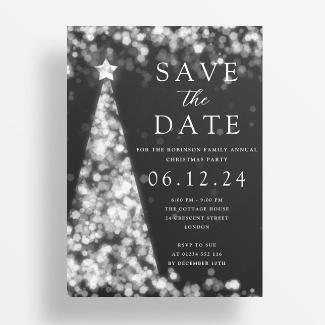 Jul Party spara datumet Silver Träd Glam Inbjudningar (Christmas Party Save The Date Silver Tree Glam Invitation)