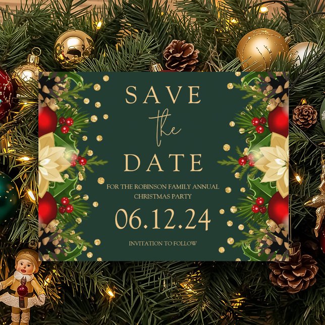 Jul Party Spara Grönten Guld Blommigt Meddelande Vykort (Christmas Party Save The Date Gold Floral Green Announcement Postcard)