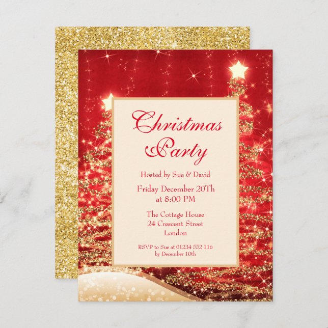Jul Party Sparkling Träd Red w/Glitter  Inbjudningar (Fram/baksida)