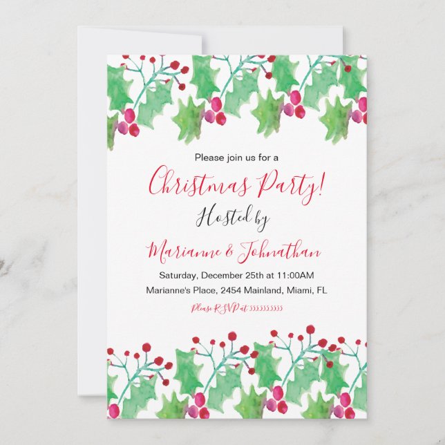 Jul Party Watercolor Berry Hand Paweatade Inbjudningar (Framsida)