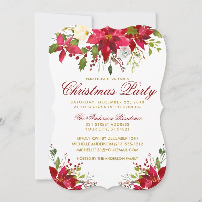 Jul Party Watercolor Blommigt Poinsettia Inbjudningar (Framsida)