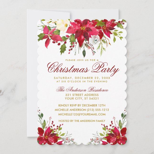 Jul Party Watercolor Blommigt Poinsettia S Inbjudningar (Framsida)