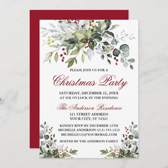 Jul Party Watercolor Greenery Red Berries Inbjudningar (Fram/baksida)