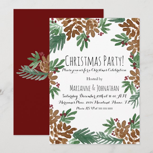 Jul Party Watercolor Pinecones Greenery Art Inbjudningar (Fram/baksida)