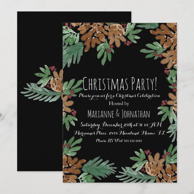 Jul Party Watercolor Pinecones Greenery Art Inbjudningar (Fram/baksida)