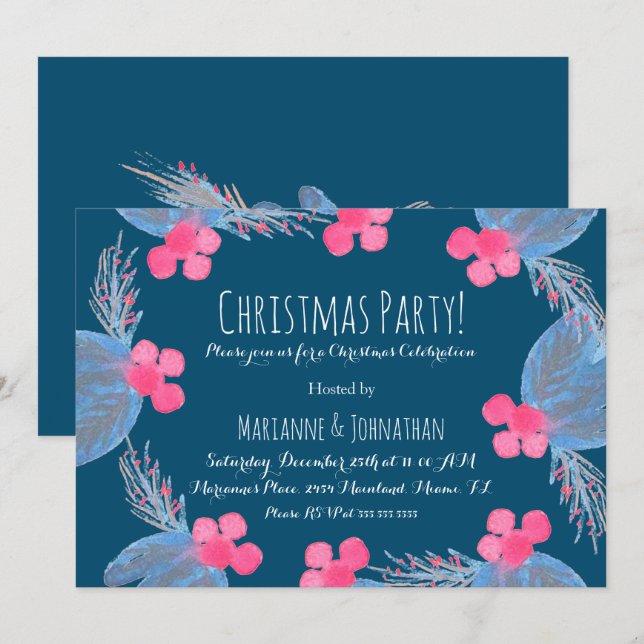 Jul Party Watercolor Pionsettias Berry Blue Inbjudningar (Fram/baksida)