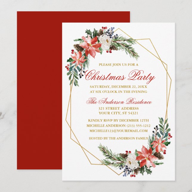 Jul Party Watercolor Poinsettia Guld Red Inbjudningar (Fram/baksida)