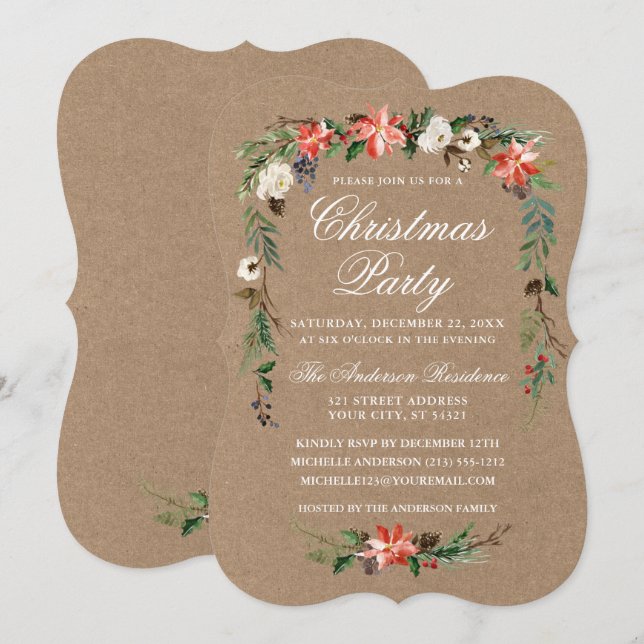 Jul Party Watercolor Poinsettia Kraft Inbjudningar (Fram/baksida)
