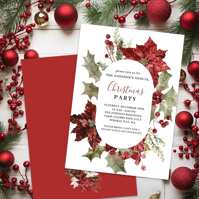 Jul Party Watercolor Poinsettia Wansen Inbjudningar (Christmas Party Watercolor Poinsettia Wreath Invitation
)