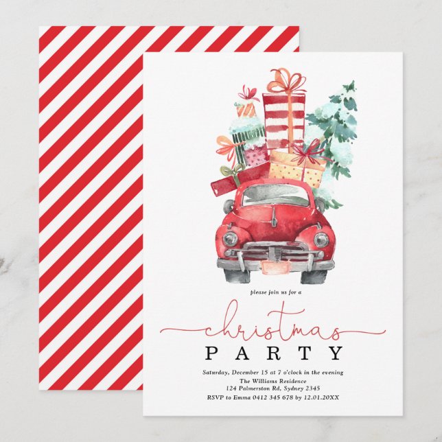 Jul Party, Watercolor Red Car Winter Helgdag Inbjudningar (Fram/baksida)