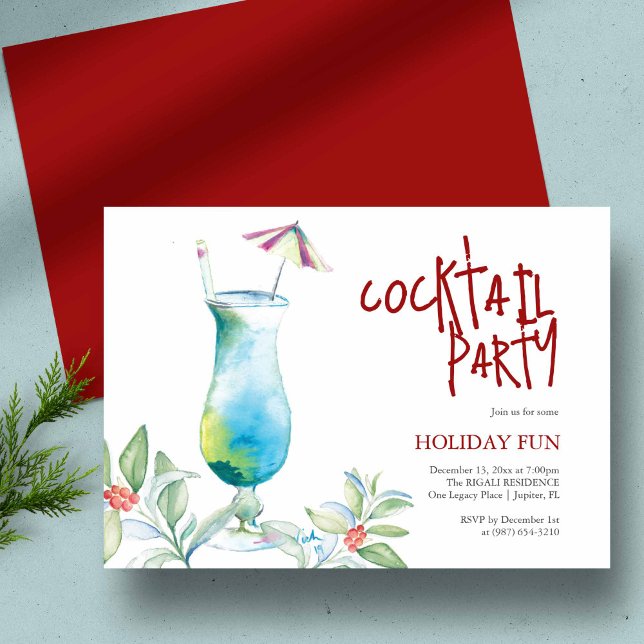 Jul Party Watercolor Tropical Cocktail Inbjudningar (Tropical theme Christmas cocktail party unique watercolor art by Victoria Grigaliunas)