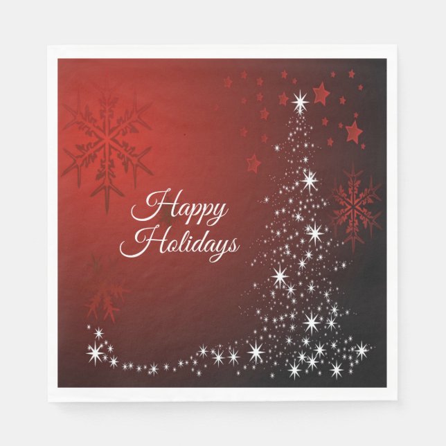 Jul Party White Stars Träd Red Snöflingor Pappersservett (Framsidan)