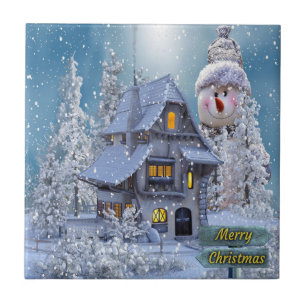Jul Party Winter White Snögubbe Blue Rustic Kakelplatta
