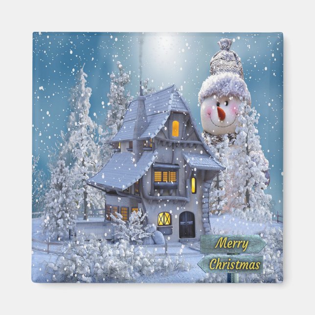 Jul Party Winter White Snögubbe Blue Rustic Magnet (Framsidan)