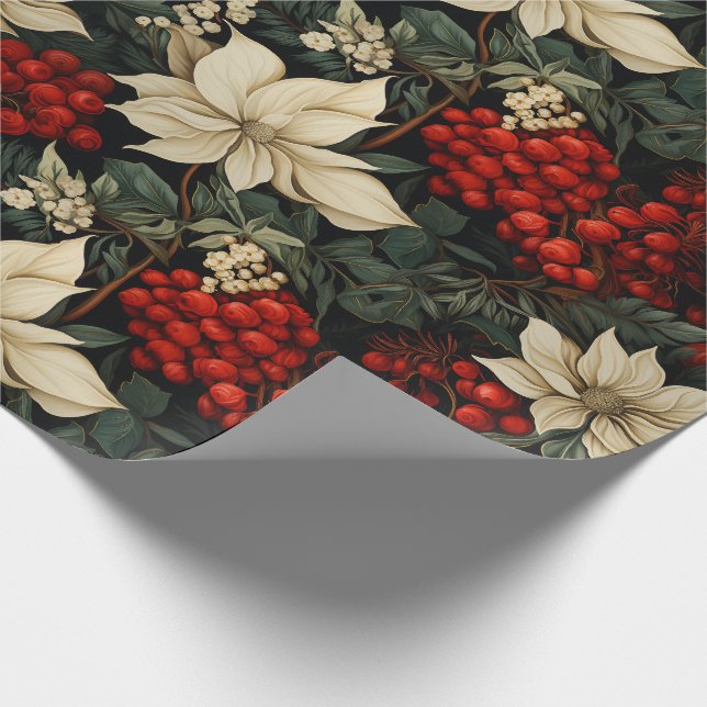 Jul/Påsk- Poinsettia Röda Bär Grönt Presentpapper (Hörn)