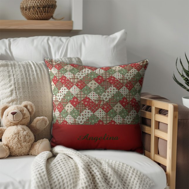 Jul patchwork namn Grön Röd Kudde (Skapare uppladdad)