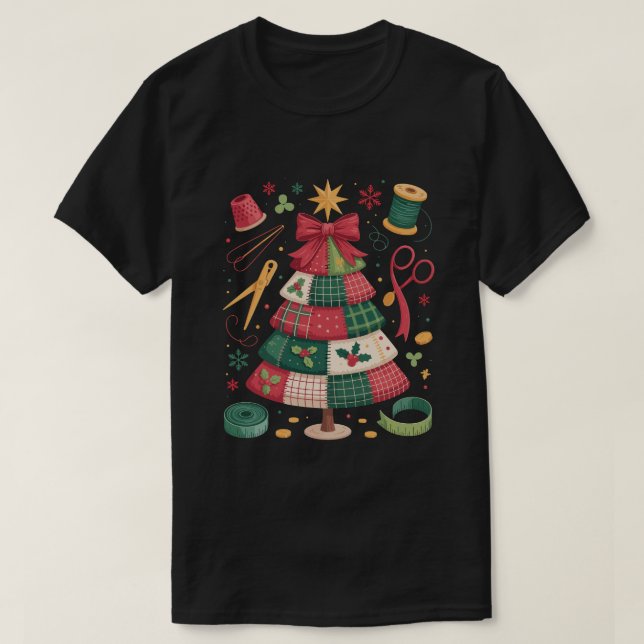 Jul Patchwork Quilt Träd Sy Quilter Xmas T Shirt (Design framsida)