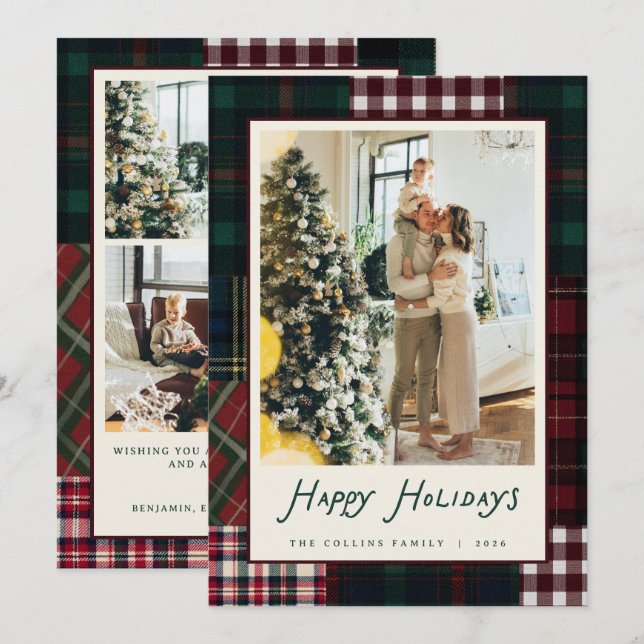 Jul Patchwork Randig Jul Familjefoto Julkort (Fram/baksida)