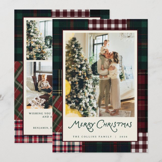 Jul Patchwork Randig Jul Familjefoto Julkort (Fram/baksida)