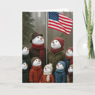 Jul Patriotisk Snö Familj Med Amerikansk Flagga Kort