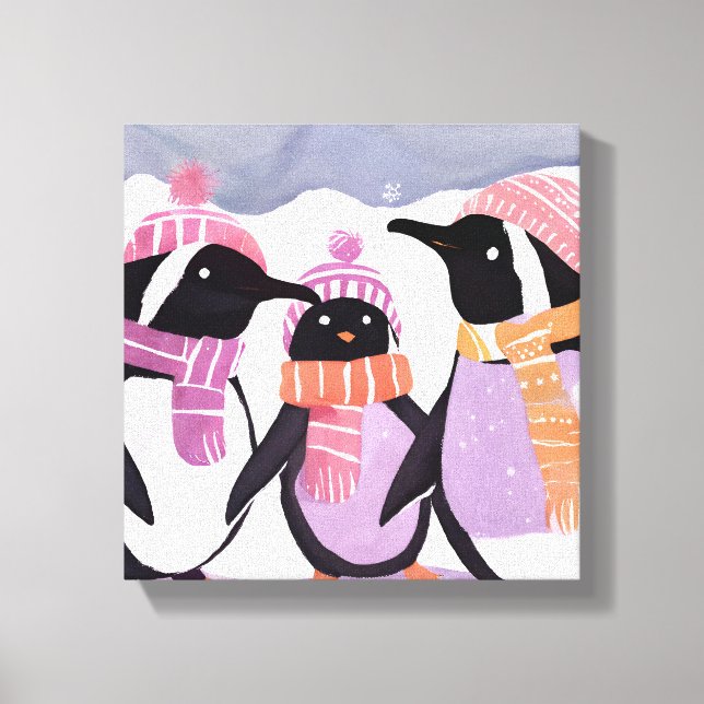 Jul Penguin Friends | Winter Watercolor Canvastryck (Framsida)