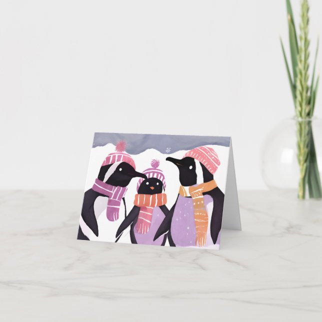 Jul Penguin Friends | Winter Watercolor Helgkort (Framsida)